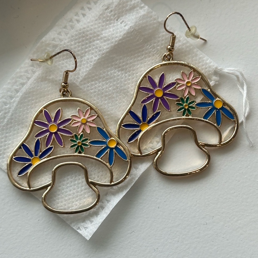 Floral Mushroom Earrings in Gold with Multicolor Accents